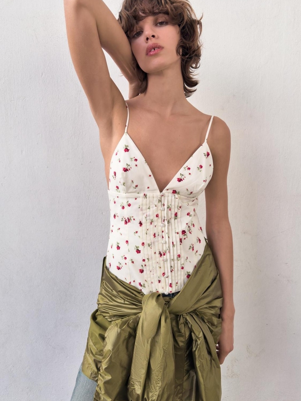 Zara Cream Floral V-Neck Spaghetti-Strap Top